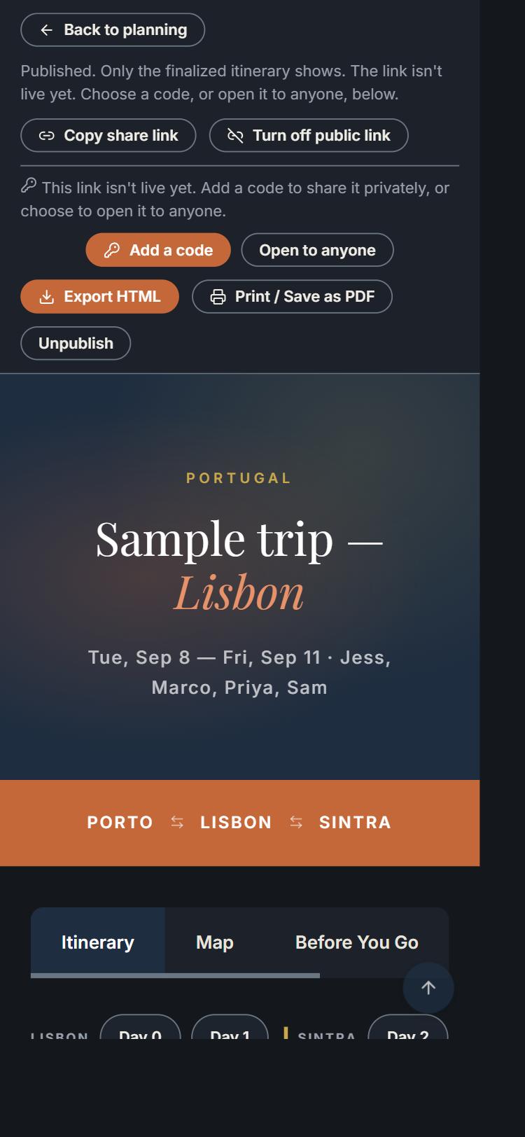 A published Jornada itinerary hero reading 'Sample trip — Lisbon,' with the route Porto, Lisbon, Sintra below it.